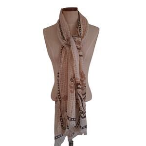 Tan Brown Paisley Border Rectangular Soft Scarf W/ Fringe Ends - Size 30" X 74"